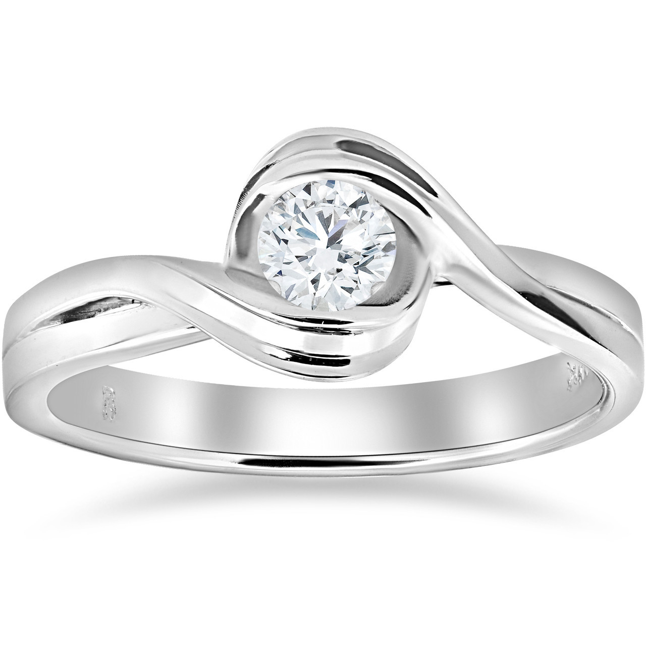 1/2Ct Natural Round Solitaire Diamond Half Bezel Engagement Ring 14k White Gold (G-H, I1)