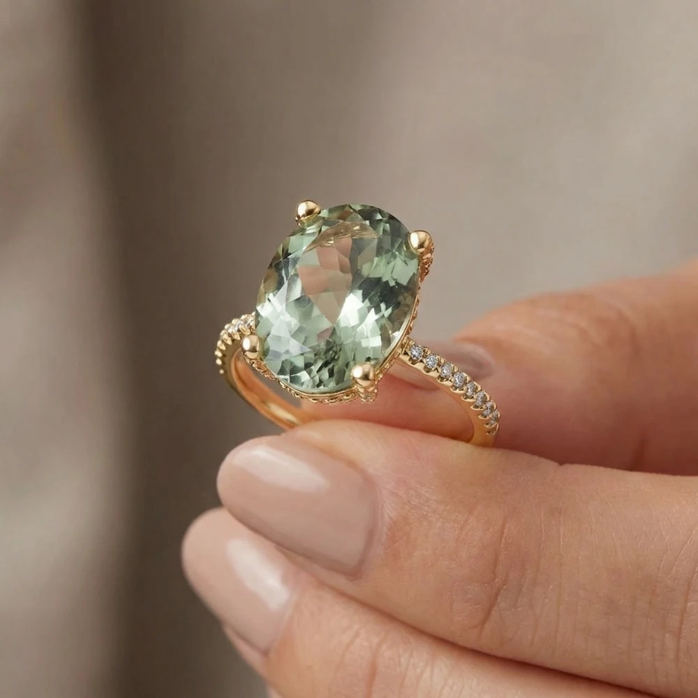 5 3/4Ct Oval Green Amethyst Diamond Side Halo Ring 14k Yellow Gold Lab Grown (G-H, VS)