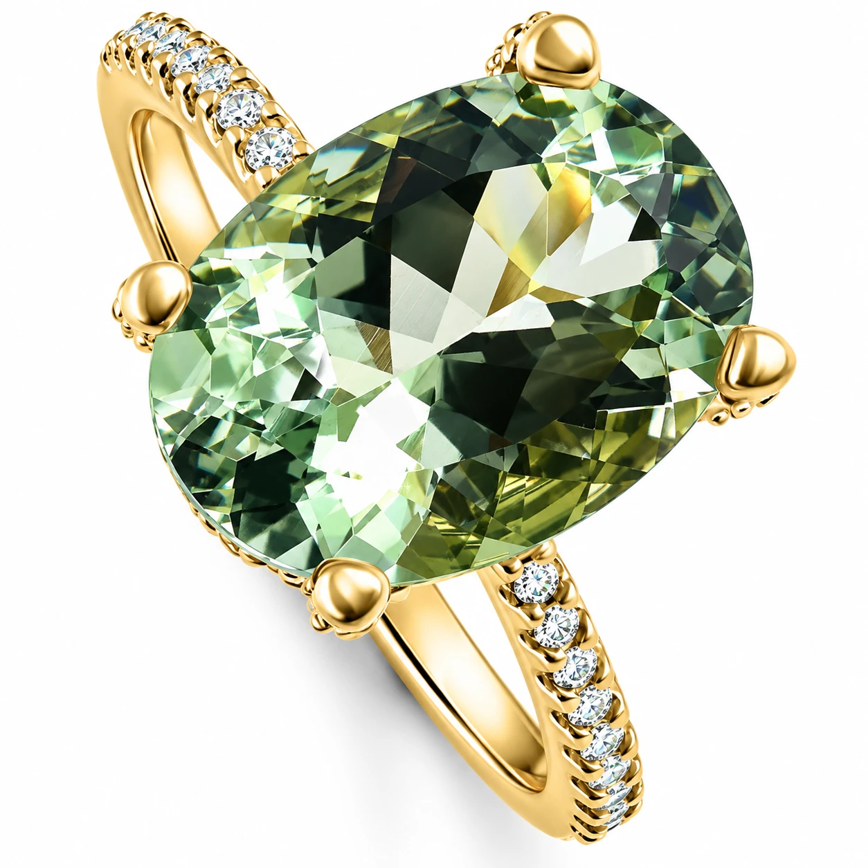 5 3/4Ct Oval Green Amethyst Diamond Side Halo Ring 14k Yellow Gold Lab Grown (G-H, VS)