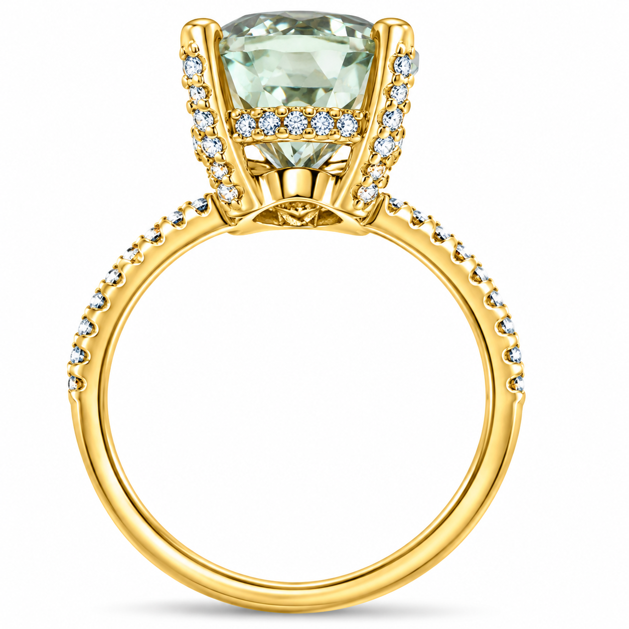 5 3/4Ct Oval Green Amethyst Diamond Side Halo Ring 14k Yellow Gold Lab Grown (G-H, VS)