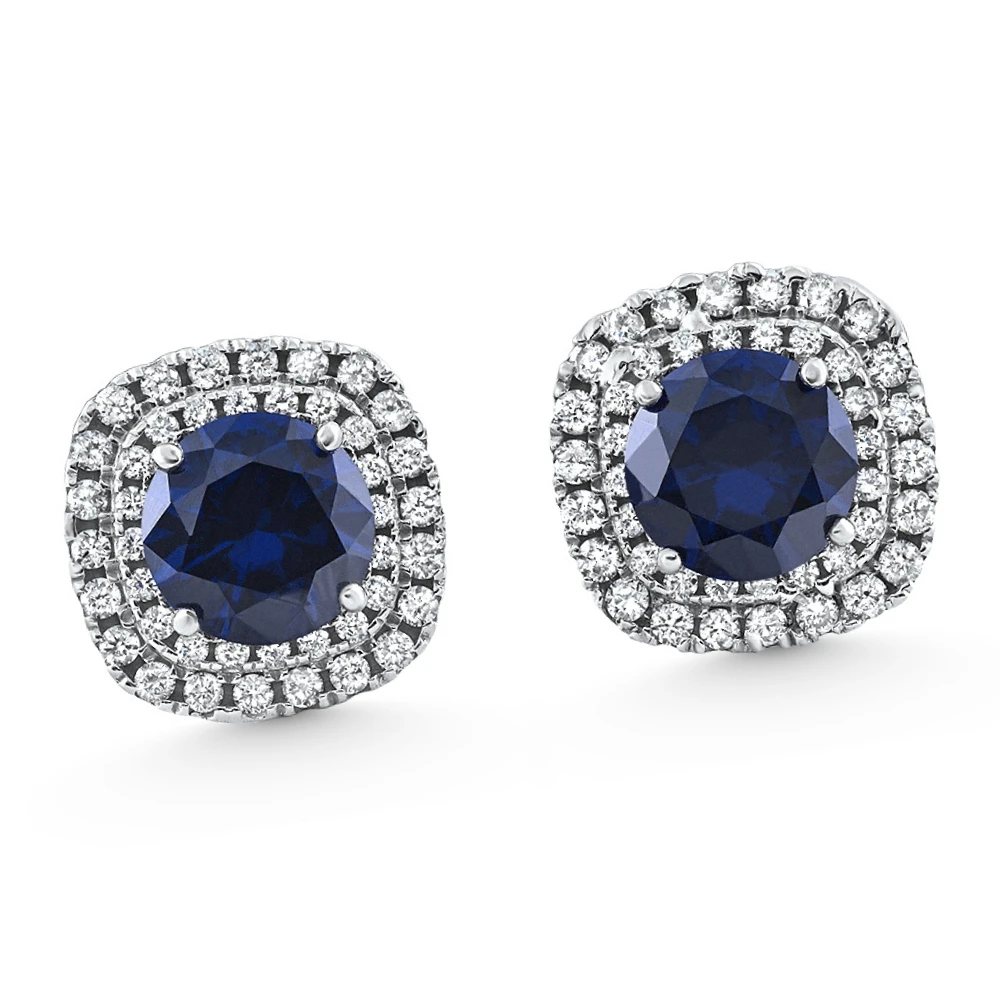 2.65Ct Cushion Halo Blue Sapphire Diamond Studs 14k White Gold Earring Lab Grown (F-G, VS)
