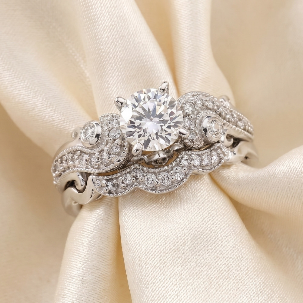 Emery 3/4Ct Vintage Diamond Engagement Wedding Ring Set 14K White Gold (H-I, I1)