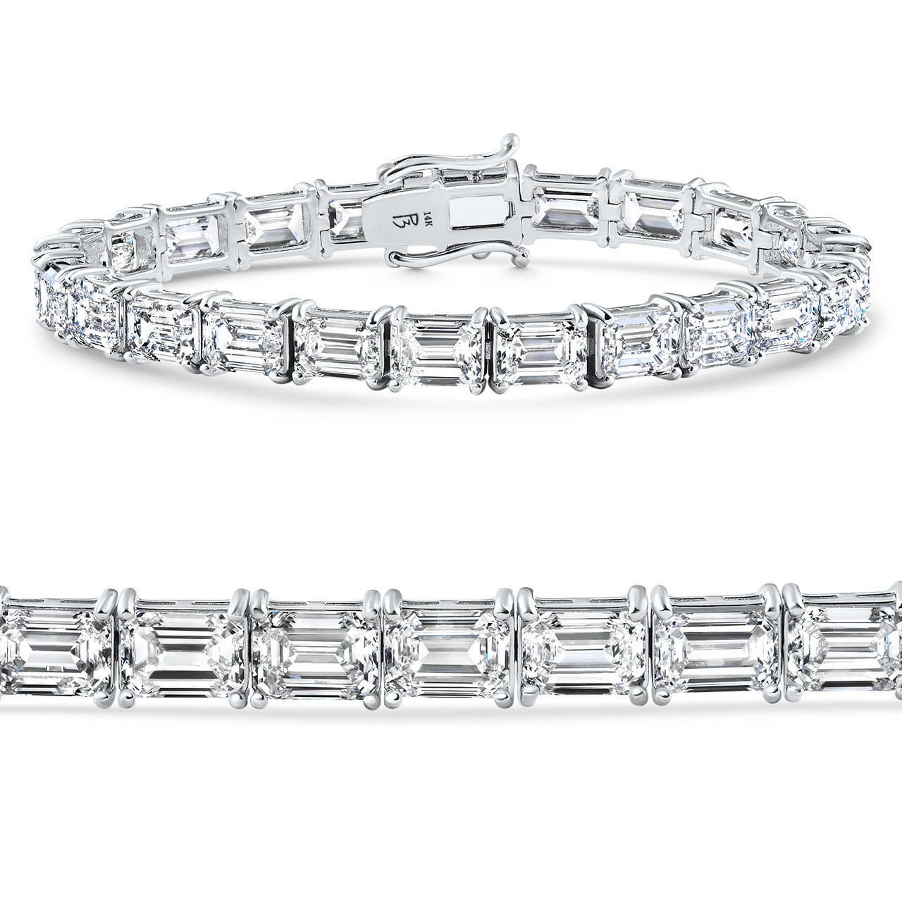 10 - 26 Ct Emerald Cut Diamond East West Tennis Bracelet 14k Gold Lab Grown 7" (F-G, VS)