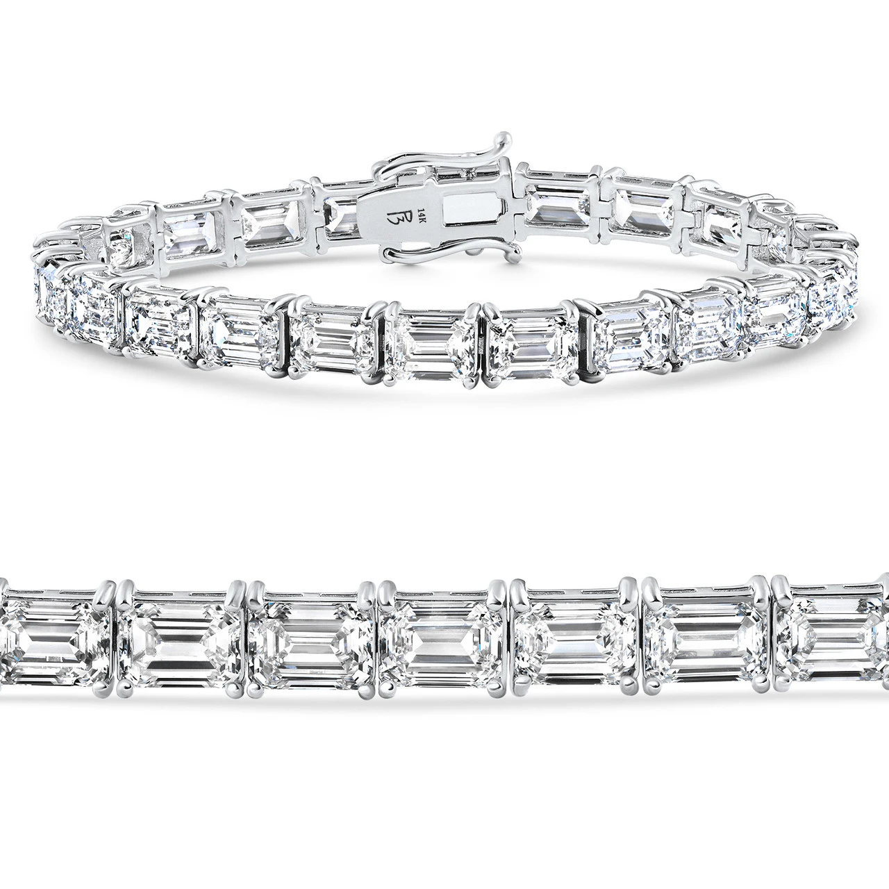 10 - 26 Ct Emerald Cut Diamond East West Tennis Bracelet 14k Gold Lab Grown 7" (F-G, VS)