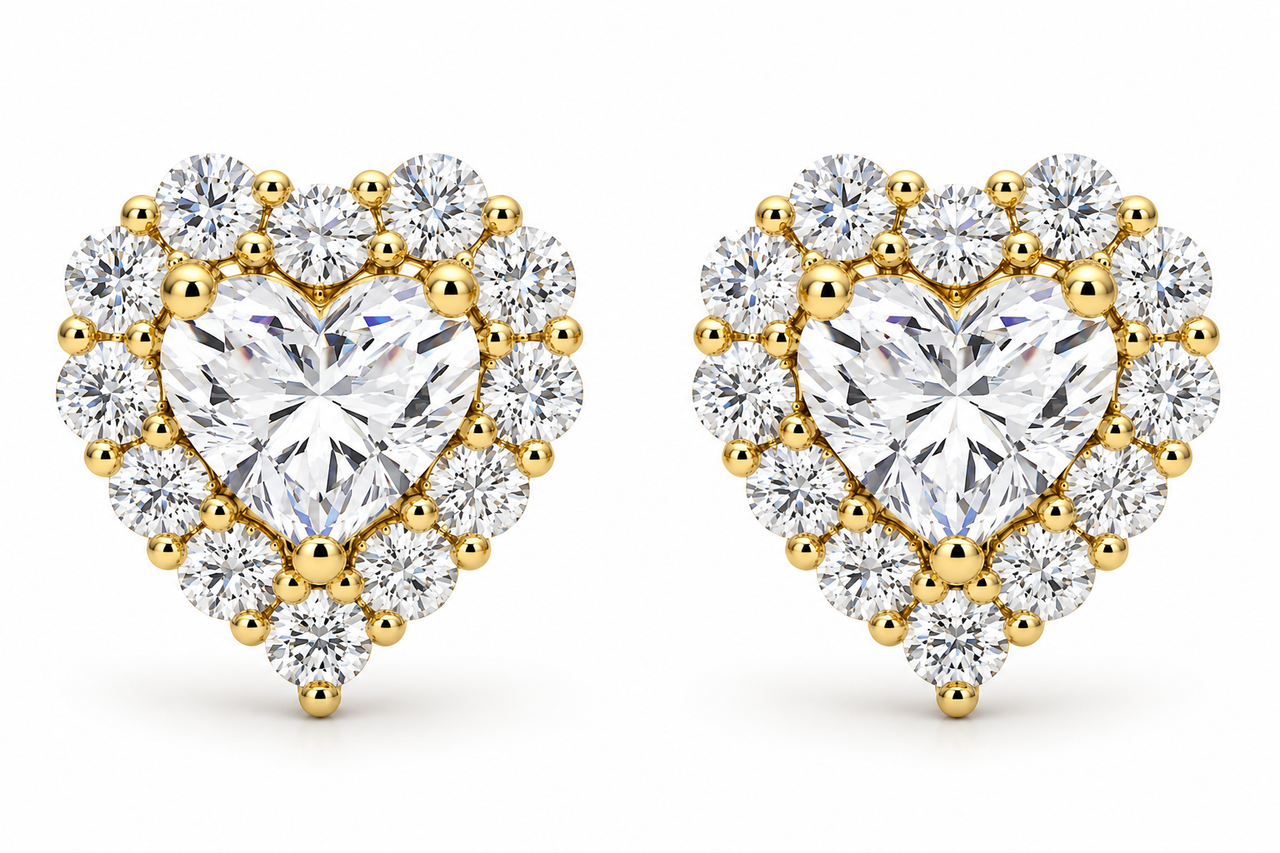 1.30Ct Heart Shape Diamond Halo Studs White or Yellow Gold Lab Grown (F-G, VS2-SI1)