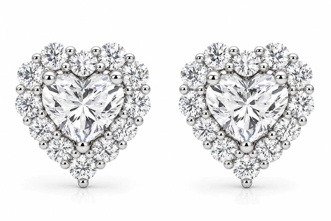 1.30Ct Heart Shape Diamond Halo Studs White or Yellow Gold Lab Grown (F-G, VS2-SI1)