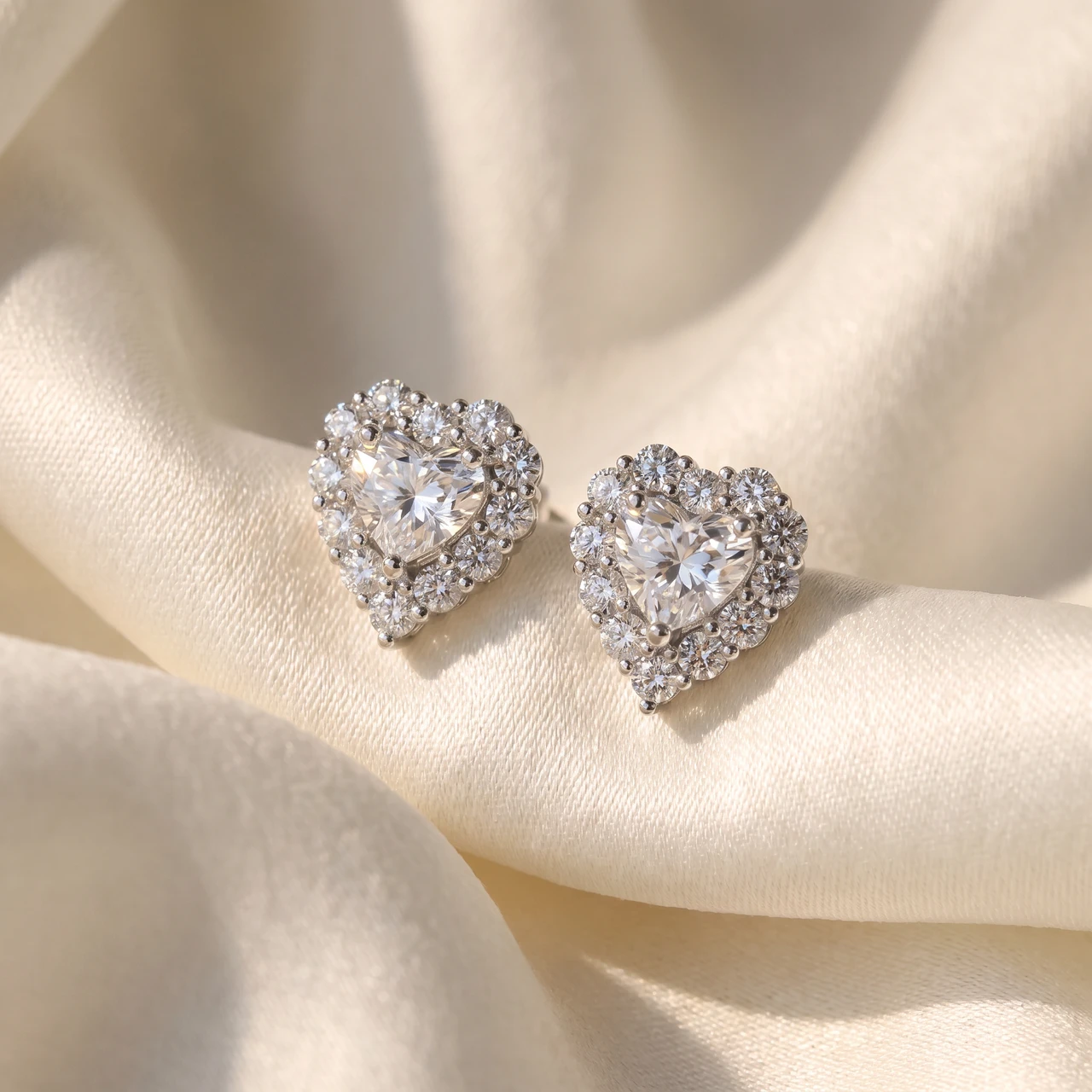 1.30Ct Heart Shape Diamond Halo Studs White or Yellow Gold Lab Grown (F-G, VS2-SI1)