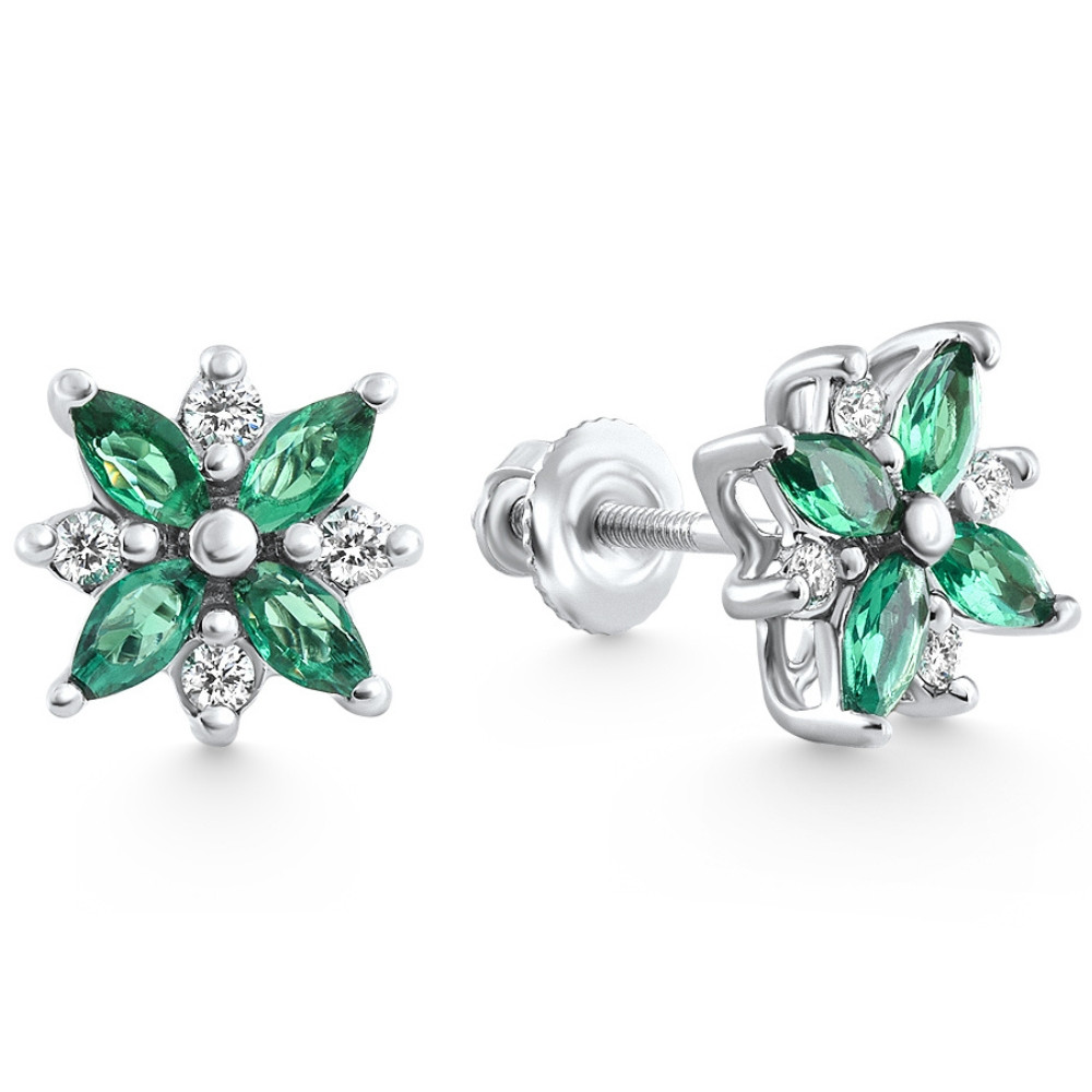 .60Ct Petal Green Emerald Diamond Earrings 14k White Gold Lab Grown Studs (F-G, VS)