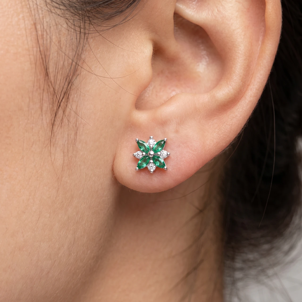 .60Ct Petal Green Emerald Diamond Earrings 14k White Gold Lab Grown Studs (F-G, VS)