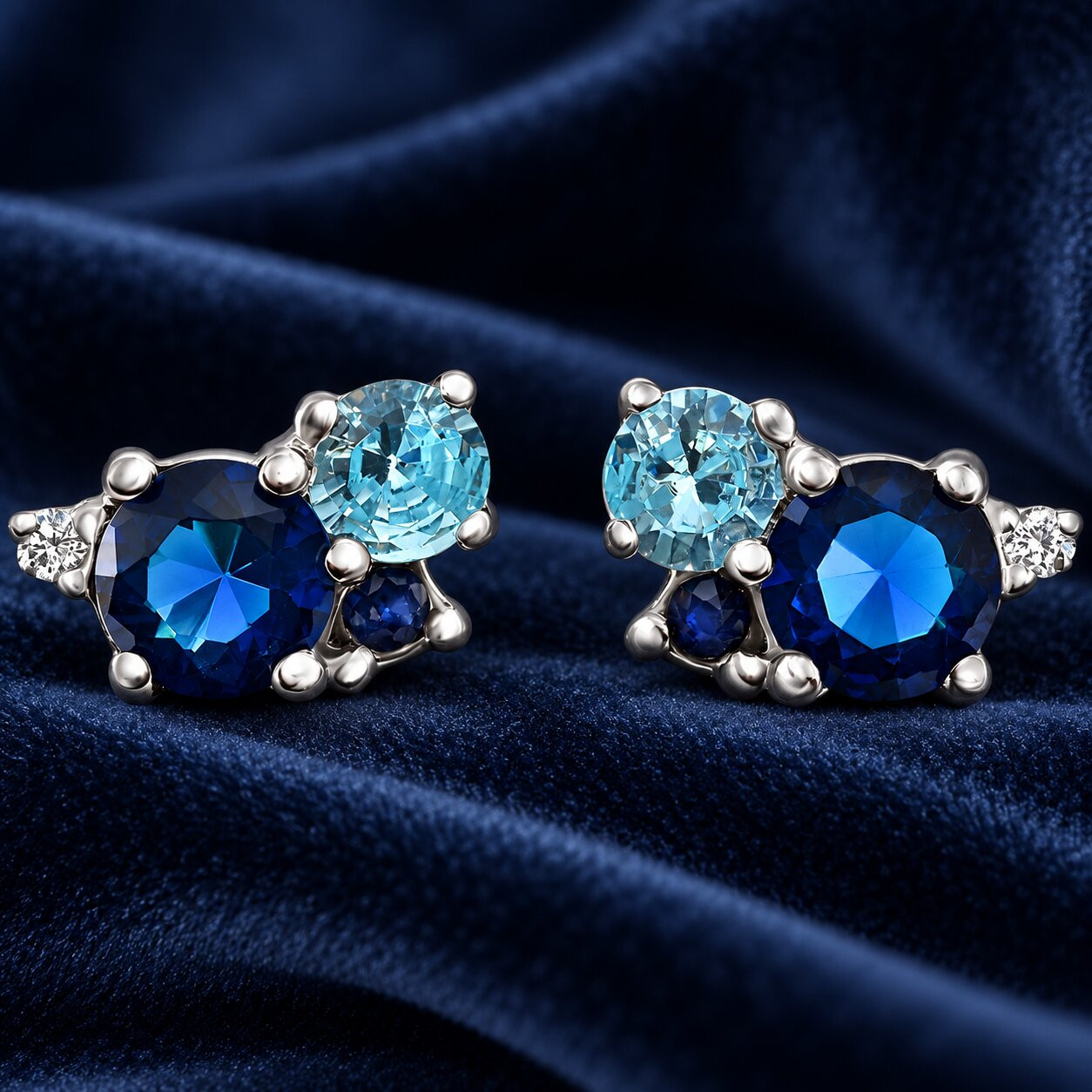 4Ct Diamond & Blue Gemstone Hydrangea Bouquet Earrings Studs 14k Gold Lab Grown (F-G, VS2-SI1)