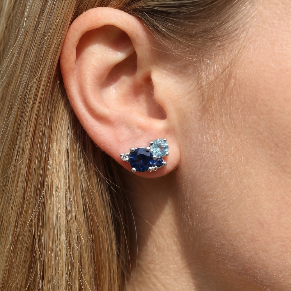 4Ct Diamond & Blue Gemstone Hydrangea Bouquet Earrings Studs 14k Gold Lab Grown (F-G, VS2-SI1)