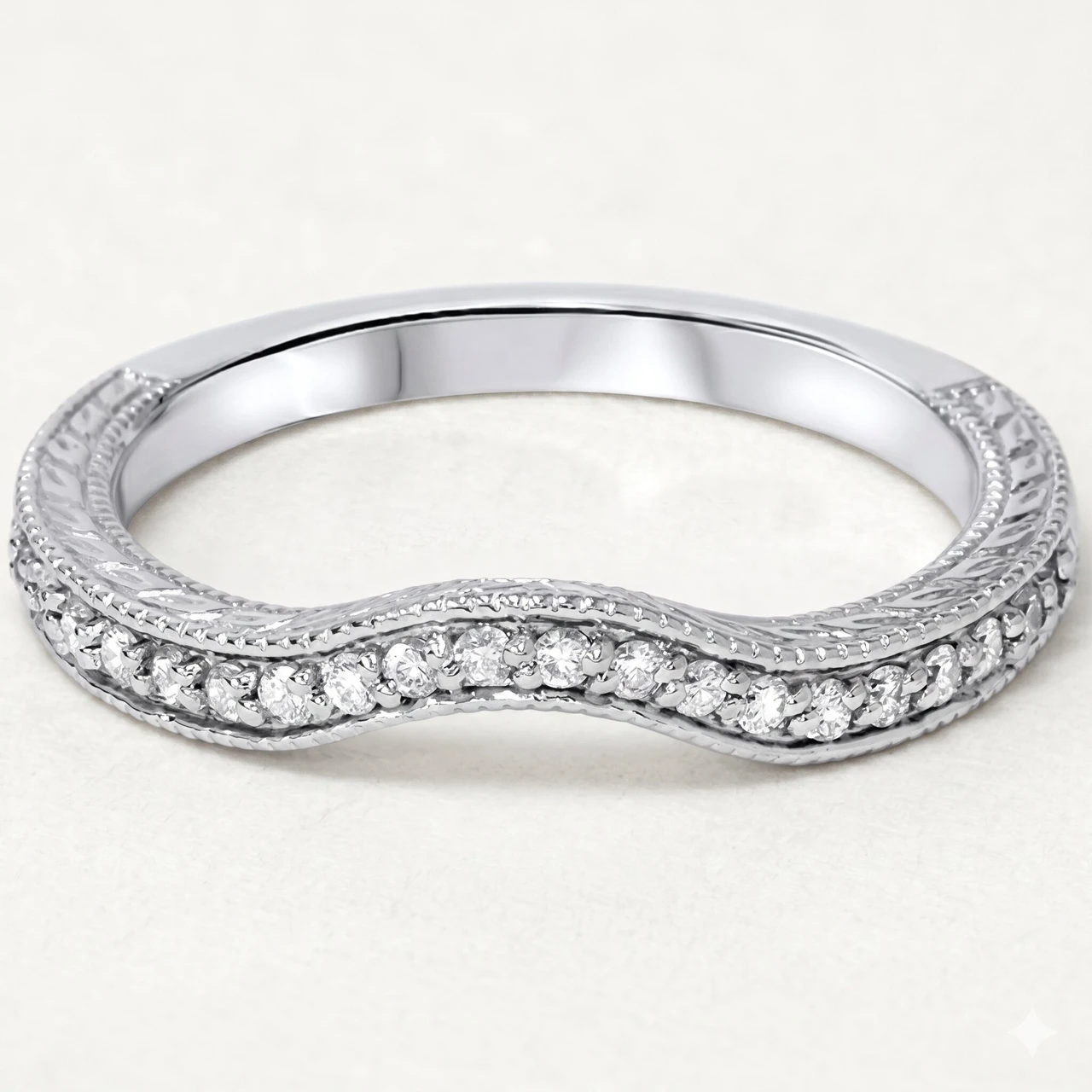 1/6ct Unique Curved Diamond Wedding Ring 14K White Gold (G-H, SI)
