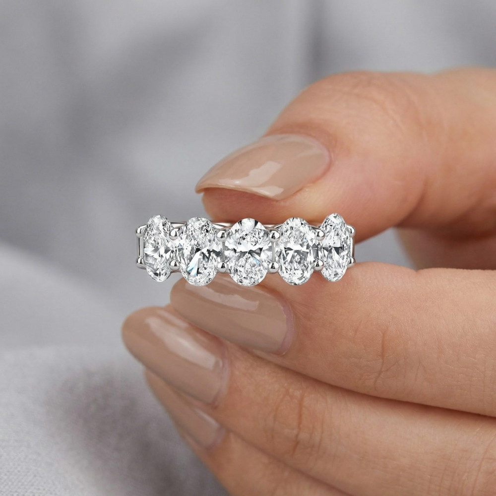 3Ct Oval Shape Diamond Five Stone Wedding Ring 14k Gold Lab Grown (F-G, VS)