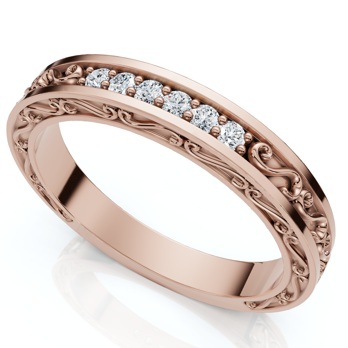 Stackable Diamond Wedding Ring Scroll Pattern Band 14k Gold Lab Grown (F-G, VS)