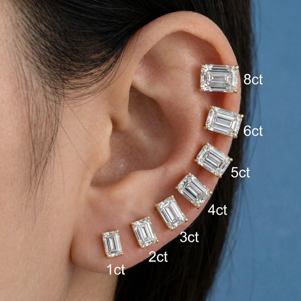 1 - 8Ct Emerald Cut Diamond Studs 14k Gold Lab Grown Women's Earrings (F-G, VS)
