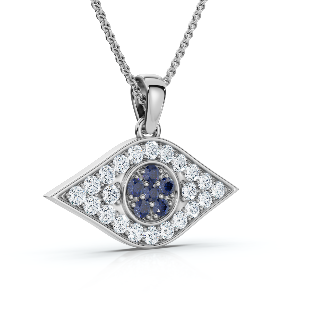1/4ct Blue & White Diamond Evil Eye Pendant 14K White Gold W/ 18" Chain & Box (G-H, I2-I3)