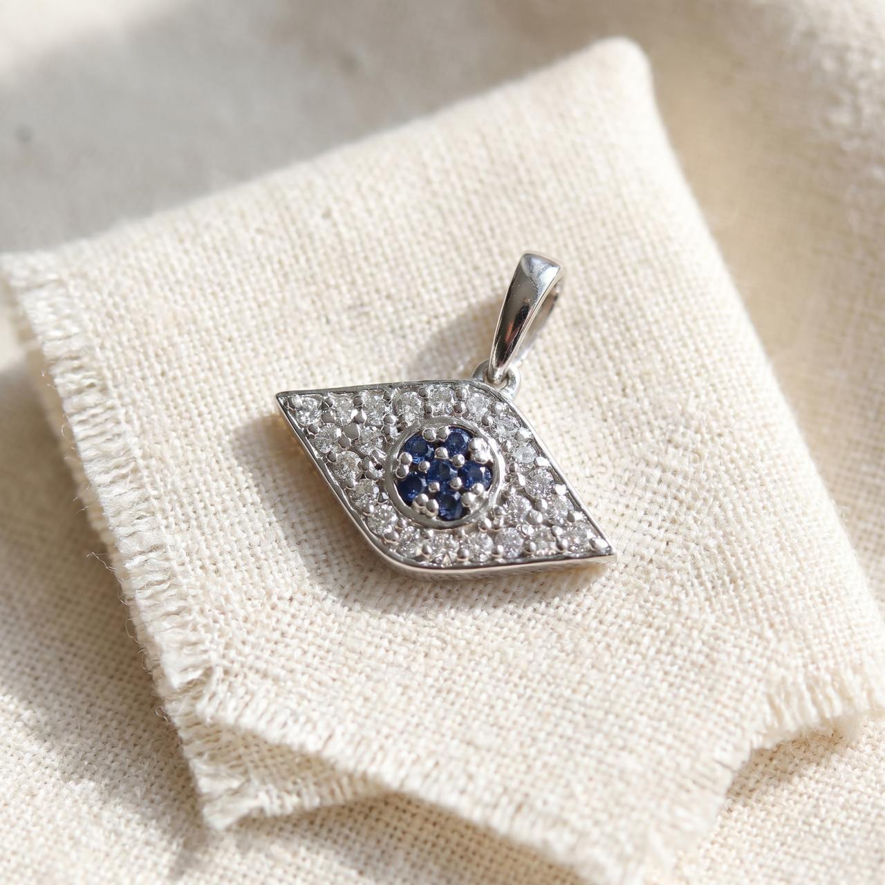 1/4ct Blue & White Diamond Evil Eye Pendant 14K White Gold W/ 18" Chain & Box (G-H, I2-I3)