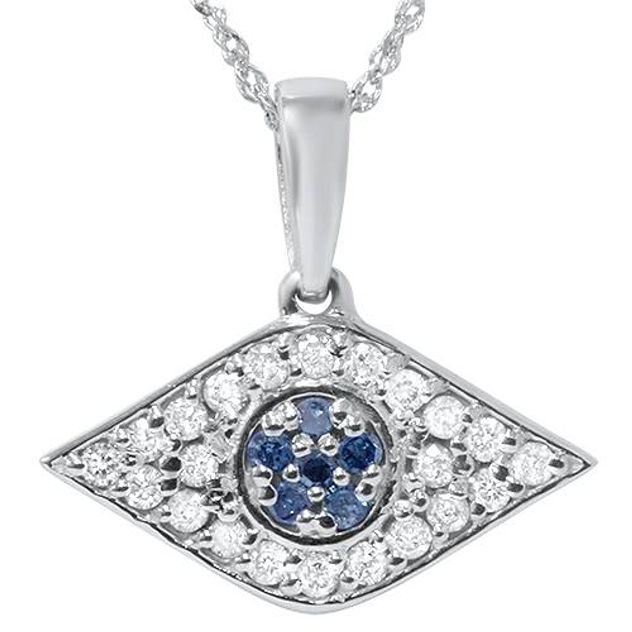 1/4ct Blue & White Diamond Evil Eye Pendant 14K White Gold W/ 18" Chain & Box (G-H, I2-I3) 1/4ct Blue & White Diamond Evil Eye Pendant 14K White Gold W/ 18" Chain & Box (G-H, I2-I3)