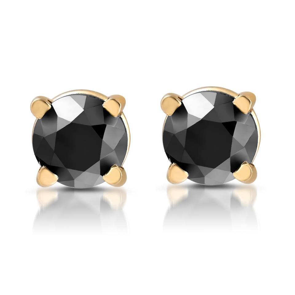 Yellow Gold 1/2ct Round Cut Black Diamond Studs (Black, I2-I3)