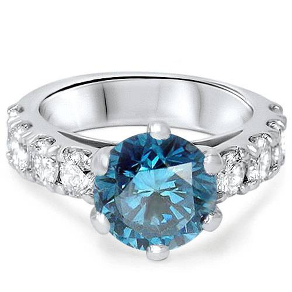 3 1/2ct Blue Lab Grown Diamond Engagement Ring 14K White Gold Round Cut (, VS)