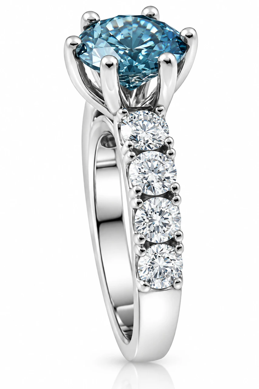 3 1/2ct Blue Lab Grown Round Diamond Engagement Ring 14K White Gold Round Cut (, VS)