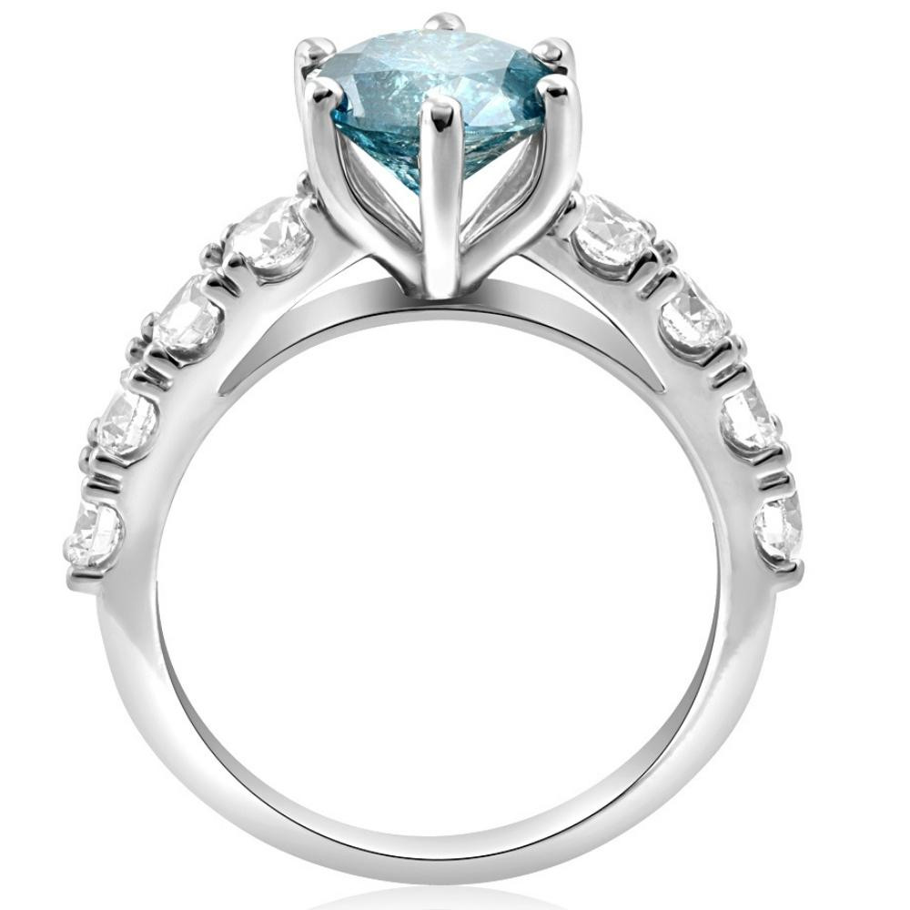 3 1/2ct Blue Lab Grown Diamond Engagement Ring 14K White Gold Round Cut (, VS)