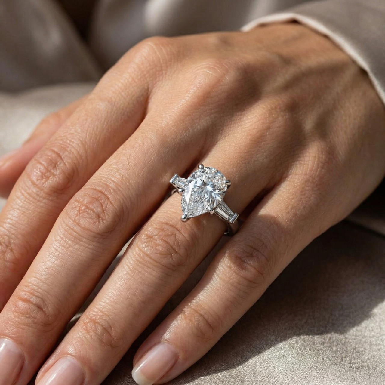 5 1/2Ct Certified Pear & Baguette Diamond Engagement Ring Gold Lab grown (G/VS2) (F-G, VS)
