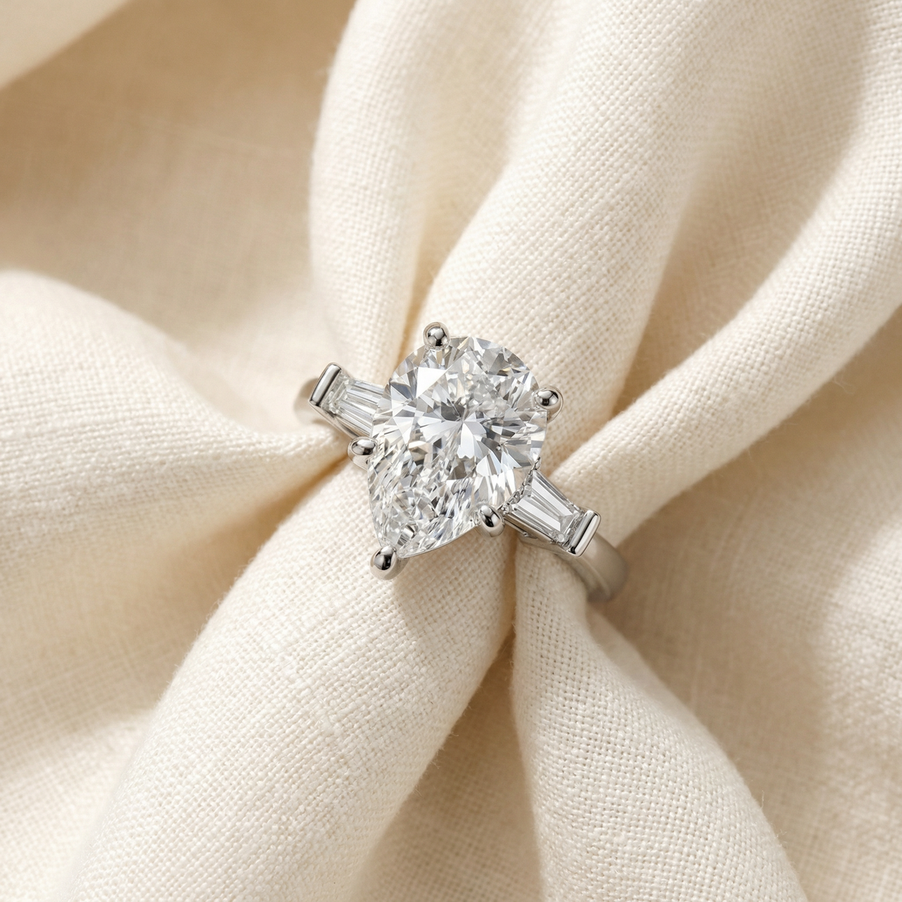 5 1/2Ct Certified Pear & Baguette Diamond Engagement Ring Gold Lab grown (G/VS2) (F-G, VS)