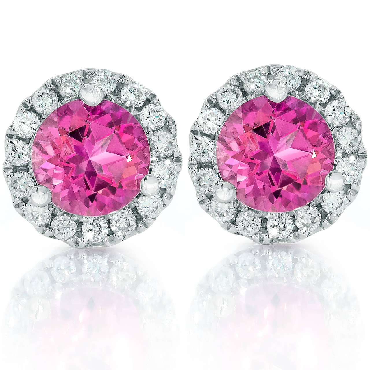 1ct Pink Topaz & Diamond Halo Studs 10K White Gold (H-I, I1)