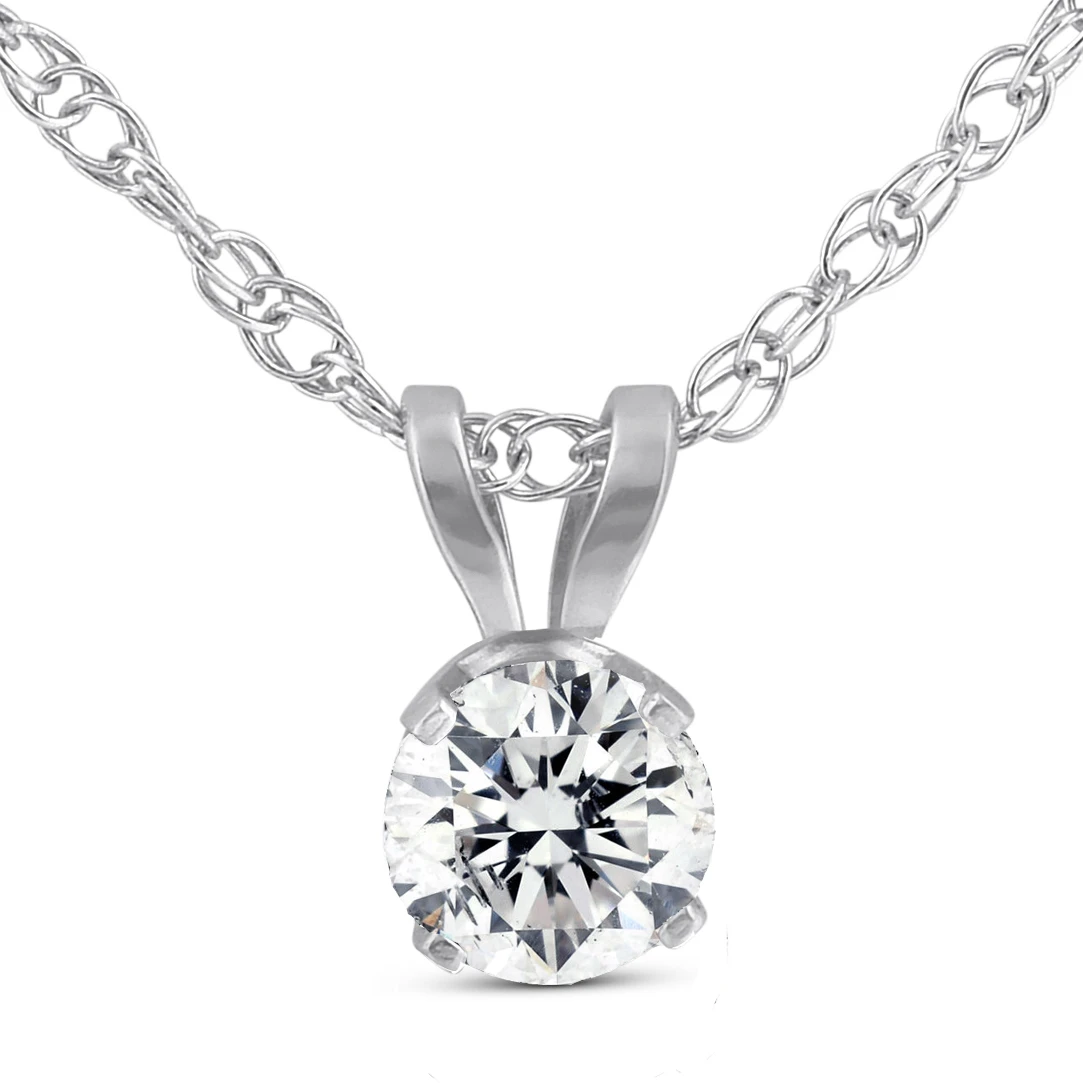 1/5ct Round Cut Diamond Solitaire Pendant Necklace 14K White Gold (I-J, I2-I3)