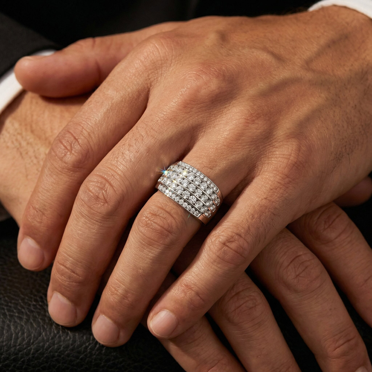 2Ct Diamond Ring Men's Wide Multi Row in 10k White, Yellow, or Rose Gold (H-I, I1)
