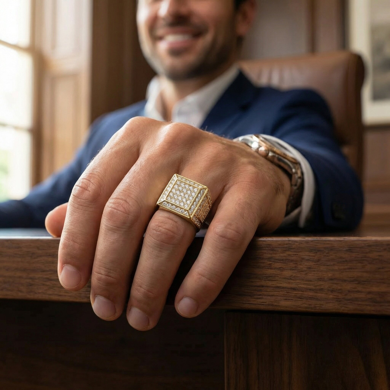 3Ct Diamond Men's Cluster Anniversary Wedding Ring in 10k Yellow Gold (H-I, I1)