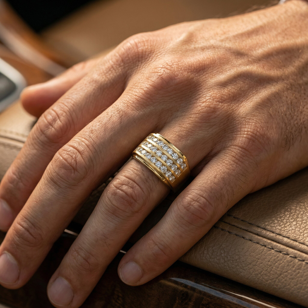 3Ct Men's Diamond Multi-Row Ring 10k Yellow Gold (G-H, I1)