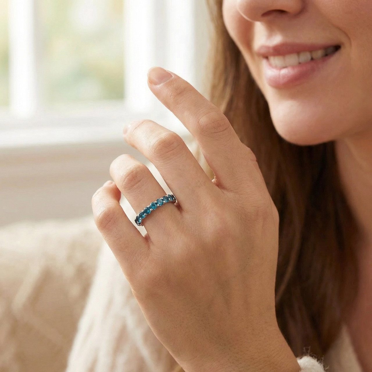 1 1/2ct Blue Diamond Eternity Ring 14K White Gold (Blue, SI)