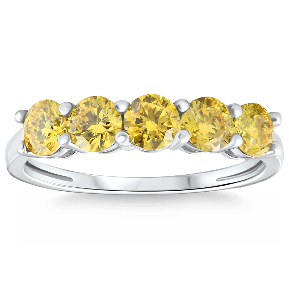 1Ct Fancy Yellow Diamond Five Stone Wedding Ring 14k Gold Lab Grown (, VS2-SI1)
