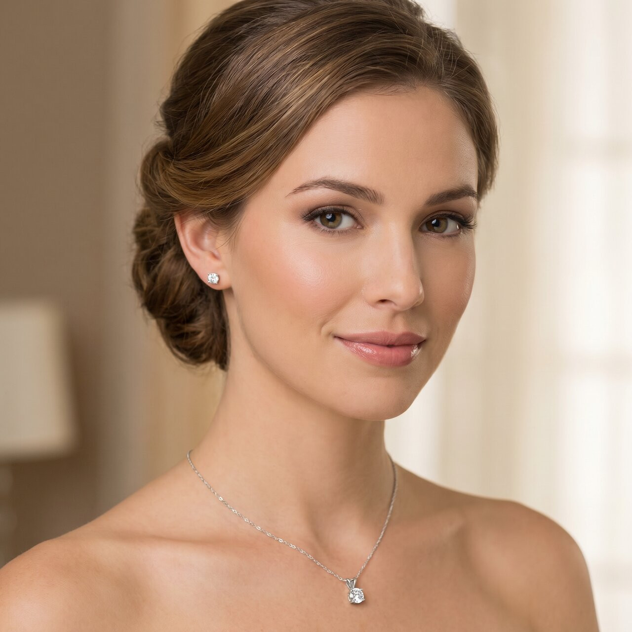1ct Diamond Solitaire Necklace & Studs Set 14K White Gold (I-J, I2-I3)