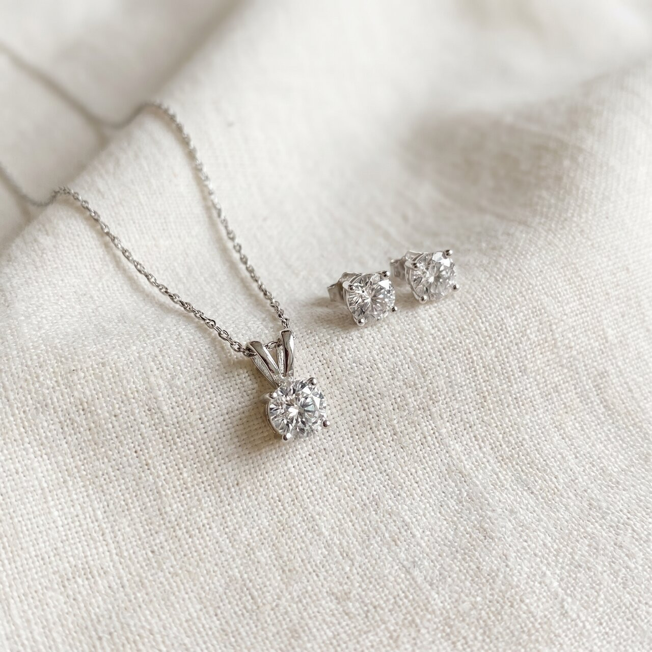 1ct Diamond Solitaire Necklace & Studs Set 14K White Gold