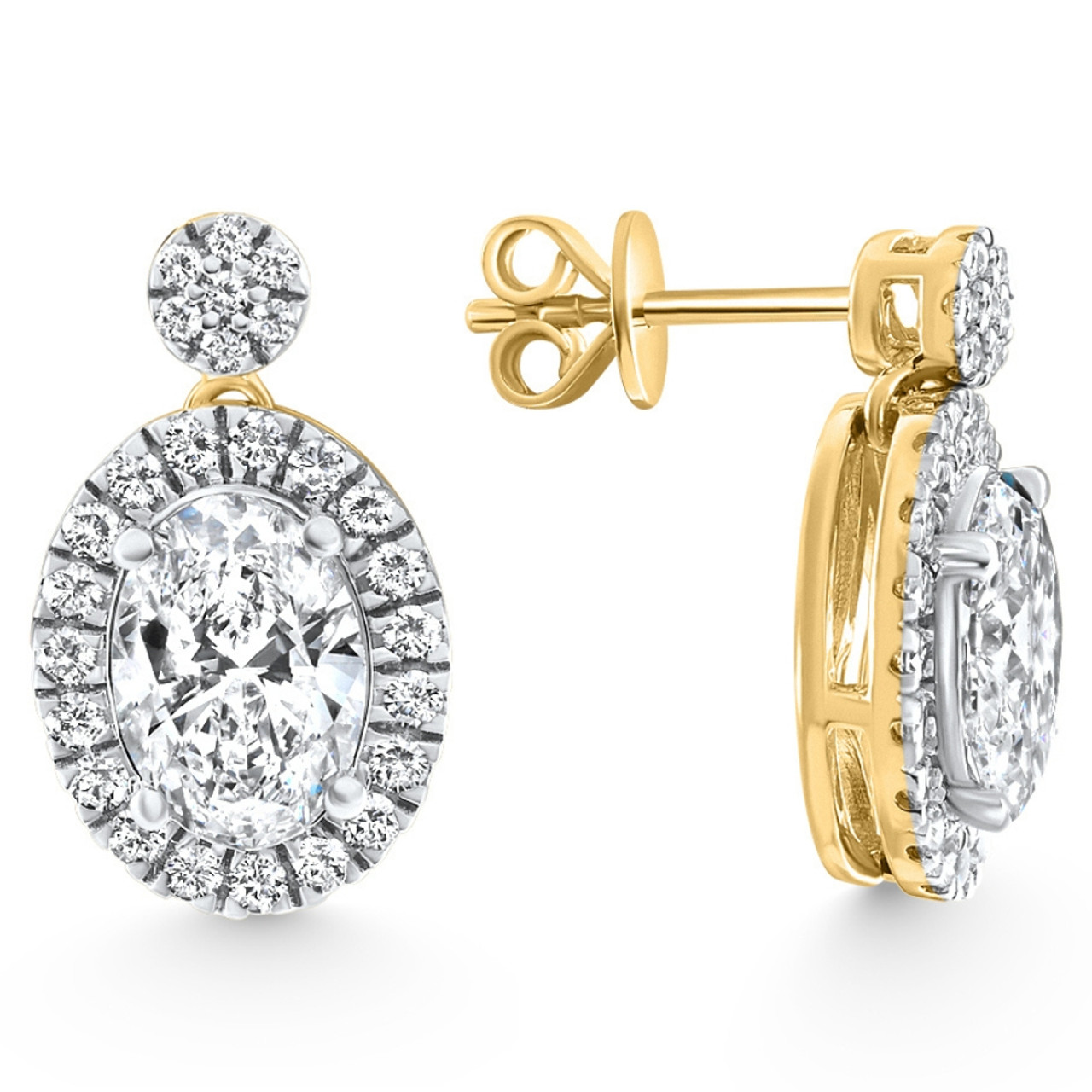 3 1/2Ct Oval Halo Dangle Diamond Earrings Yellow Gold Studs Lab Grown (F-G, VS) 3 1/2Ct Oval Halo Dangle Diamond Earrings Yellow Gold Studs Lab Grown (F-G, VS)