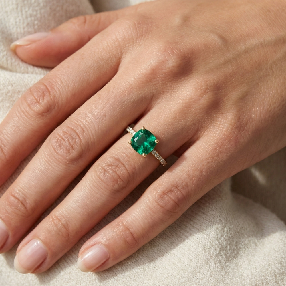 1 3/4Ct Cushion Emerald & Diamond Ring Gold Lab Grown (F-G, VS)