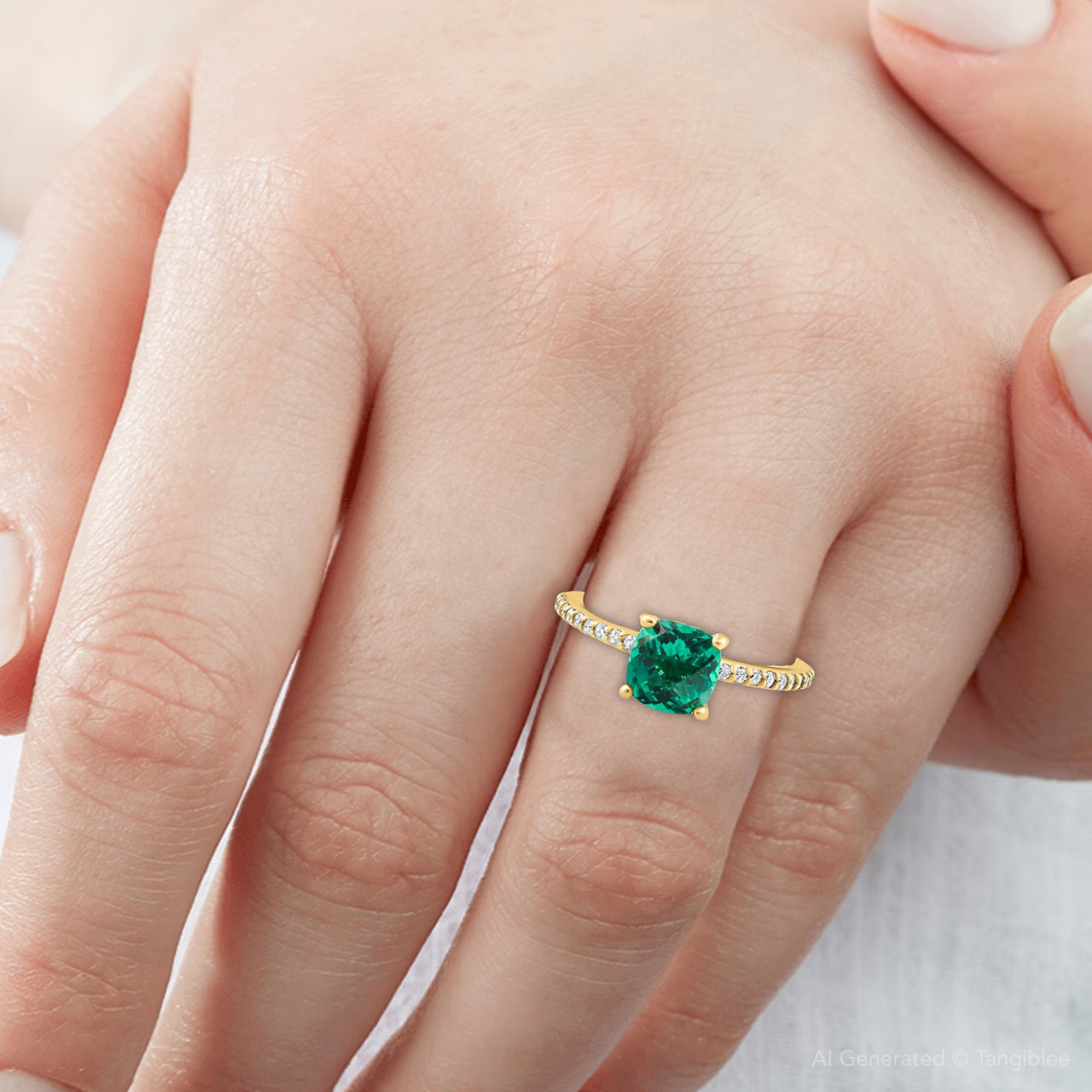 1 3/4Ct Cushion Emerald & Diamond Ring Gold Lab Grown (F-G, VS) 1 3/4Ct Cushion Emerald & Diamond Ring Gold Lab Grown (F-G, VS)