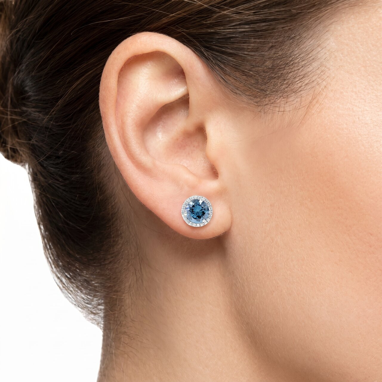 2 1/10ct Blue & White Diamond Halo Studs 10K White Gold Lab Grown (G-H, SI)