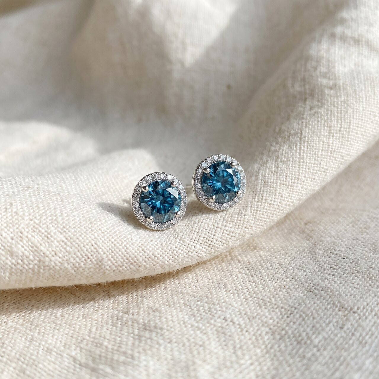 2 1/10ct Blue & White Diamond Halo Studs 10K White Gold Lab Grown (G-H, SI)