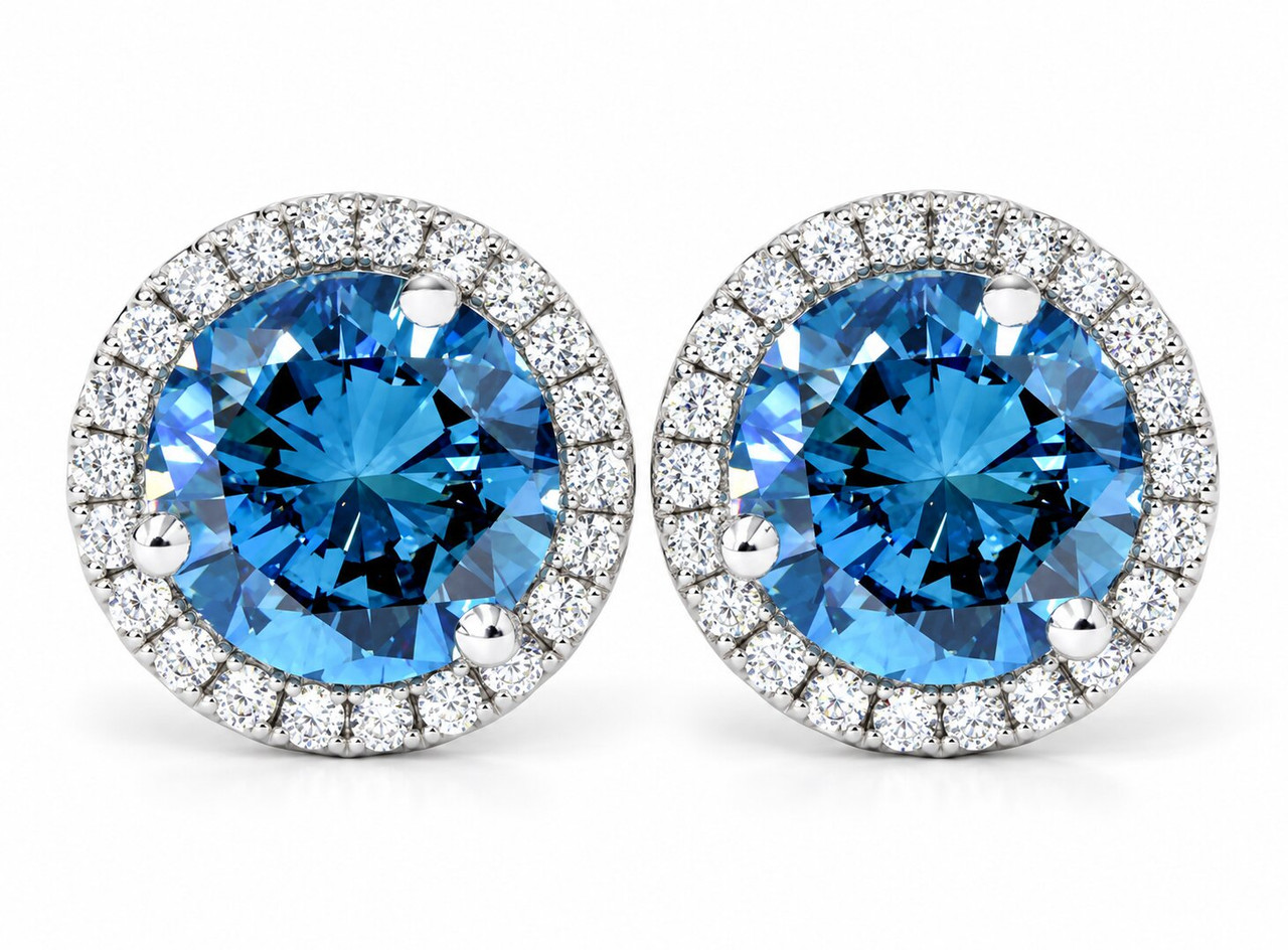 2 1/10ct Blue & White Diamond Halo Studs 10K White Gold Lab Grown (G-H, SI)