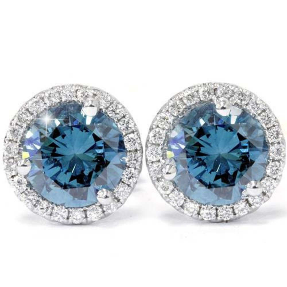 2 1/10ct Blue & White Diamond Halo Studs 10K White Gold Lab Grown (G-H, SI)