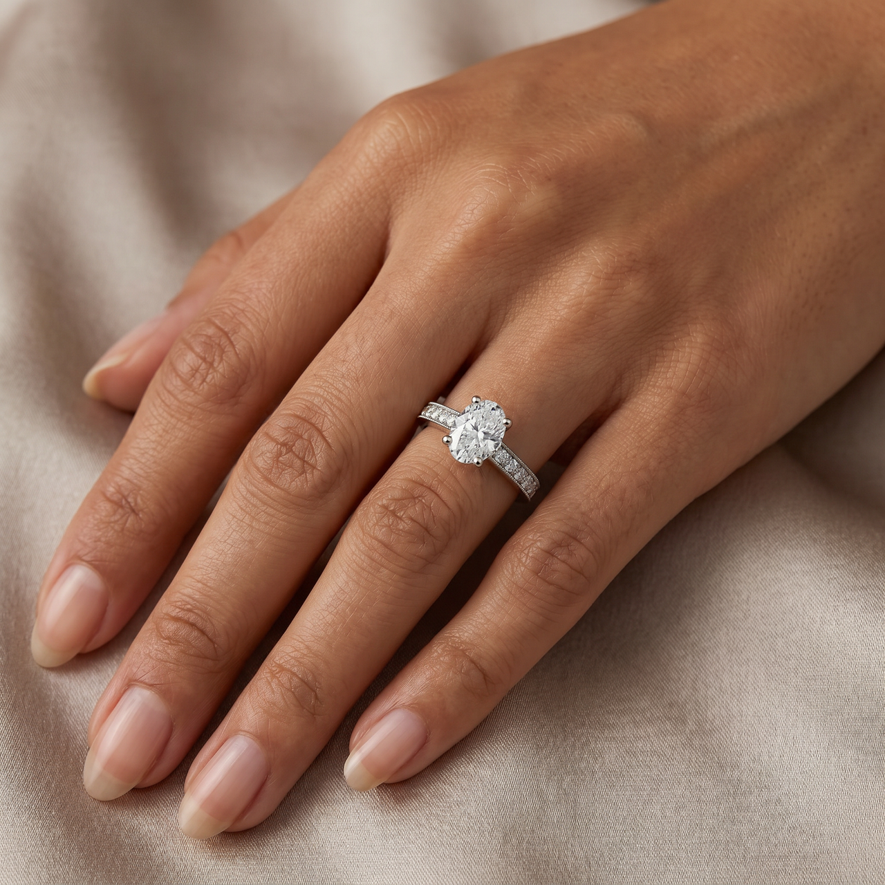 1 1/3Ct Oval Diamond Engagement Ring 14k White Gold Lab Grown (F-G, VS)