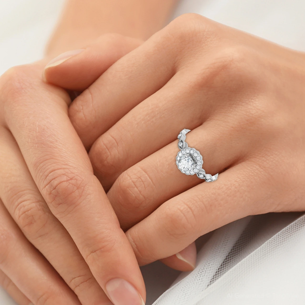 1Ct Diamond Vintage Halo Engagement Ring 14k White Gold Lab Grown (F-G, VS)
