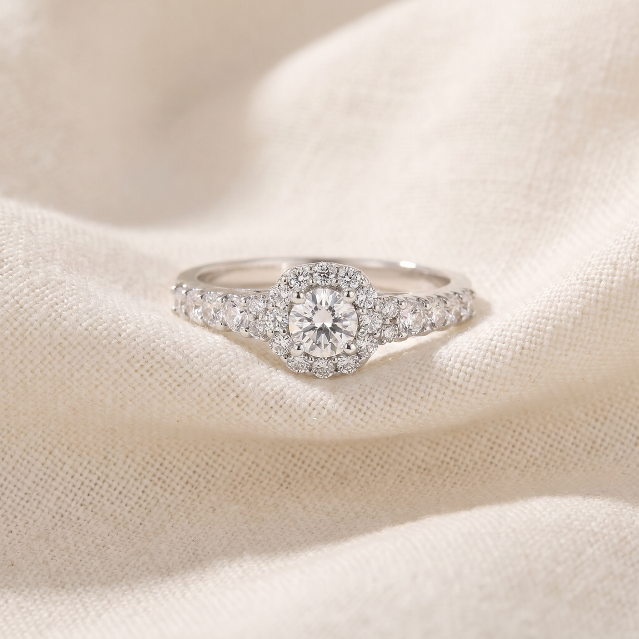 3/4CT Cushion Halo Round Diamond Engagement Ring 14K White Gold (H-I, I1)
