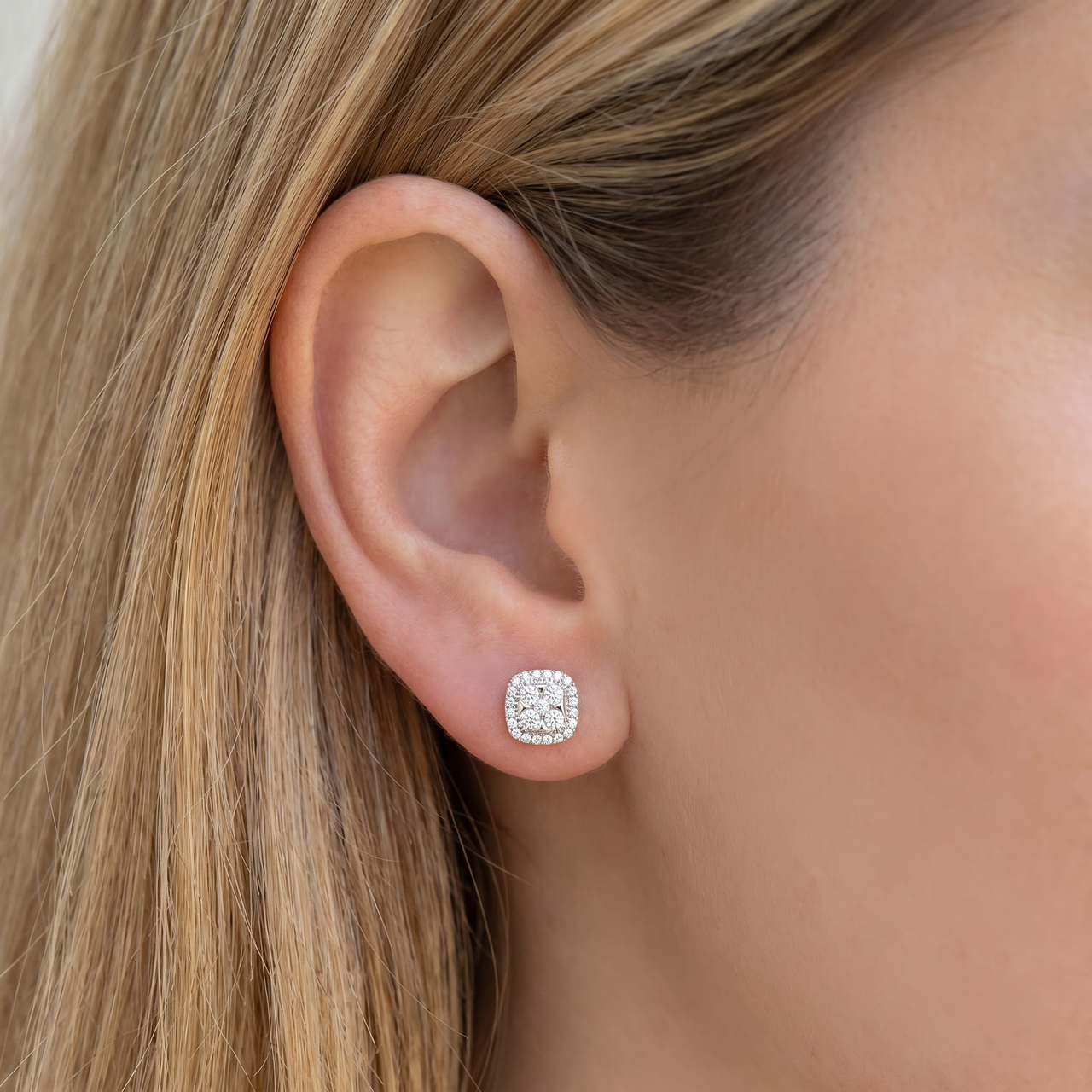 1Ct T.W. Pave Diamond Cushion Halo Studs 10k Yellow Gold Lab Grown Earrings (G-H, VS)