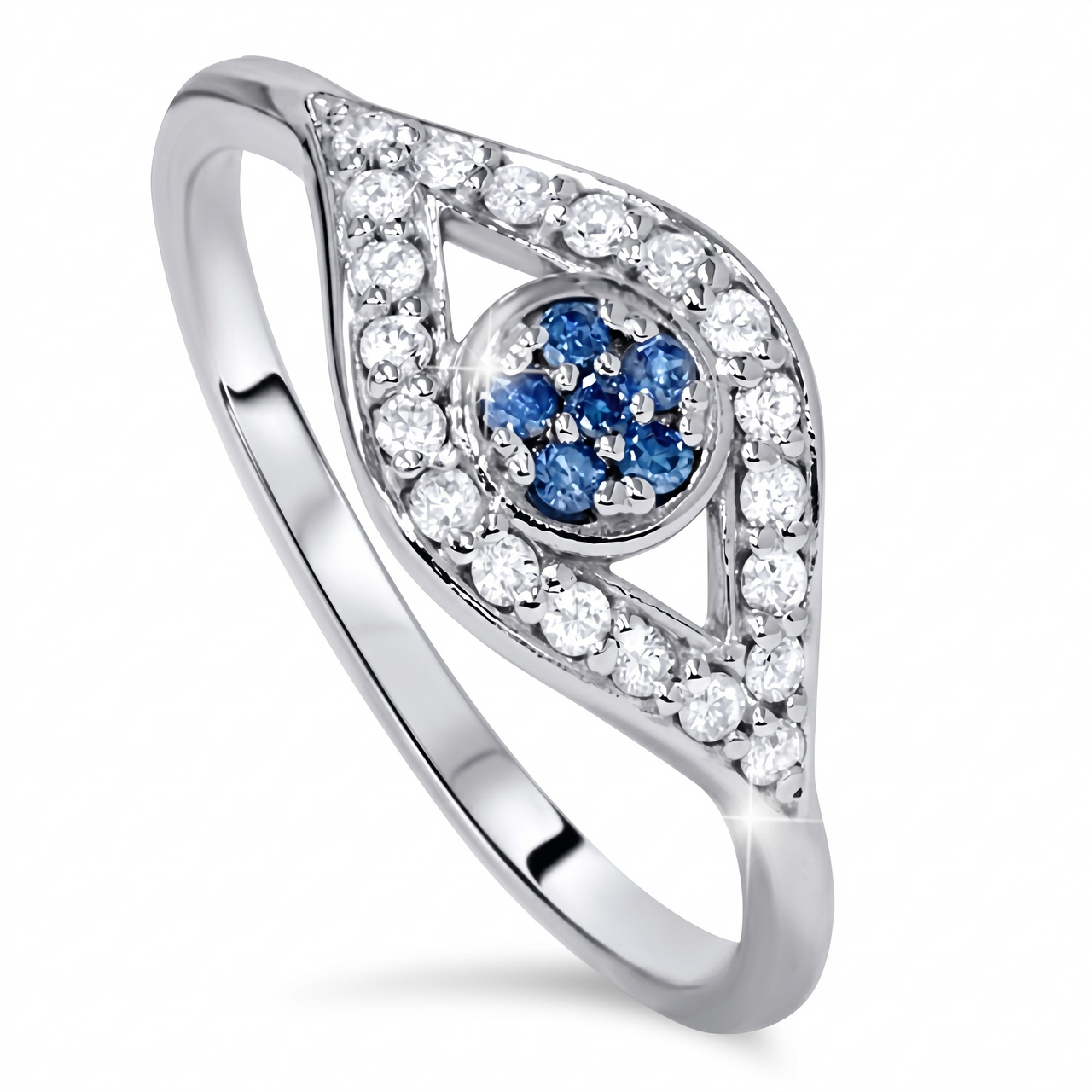1/3ct Blue & White Diamond Evil Eye Ring 14K White Gold (G-H, I2-I3)