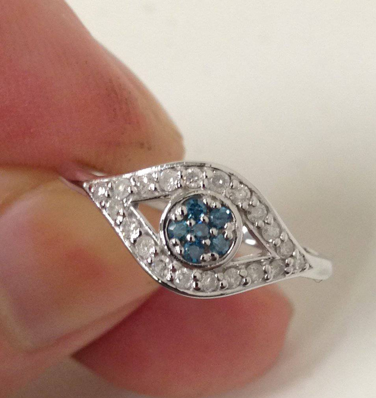 1/3ct Blue & White Diamond Evil Eye Ring 14K White Gold (G-H, I2-I3) 1/3ct Blue & White Diamond Evil Eye Ring 14K White Gold (G-H, I2-I3)